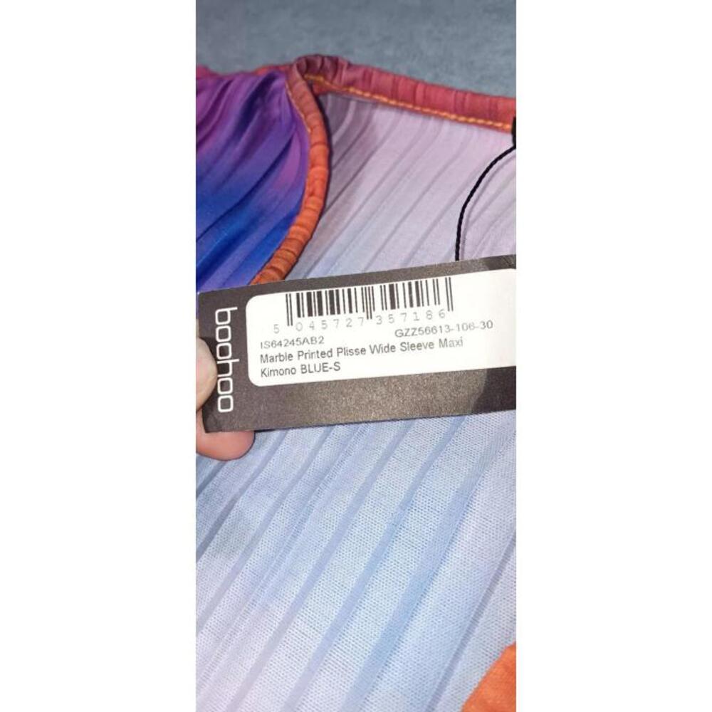 NWT! Boohoo Maxi Kimono Womens Size Small Marble Print Plisse Wide Sleeves - Picture 3 of 12